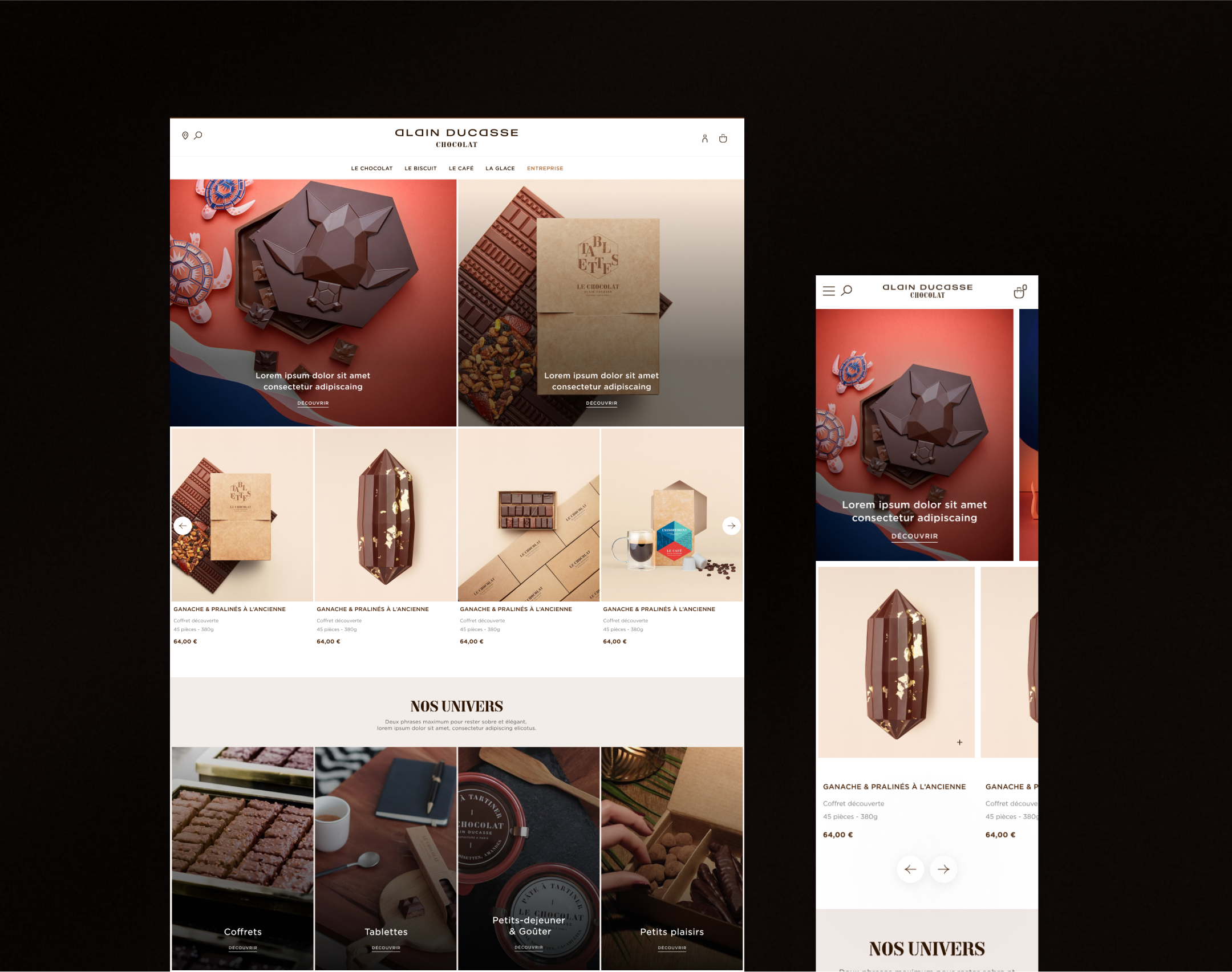 Design du site Alain Ducasse Le Chocolat, Manufacture Chocolat - Lila Montecot, Directrice artistique digitale et UX/UI designer sur Paris en France.