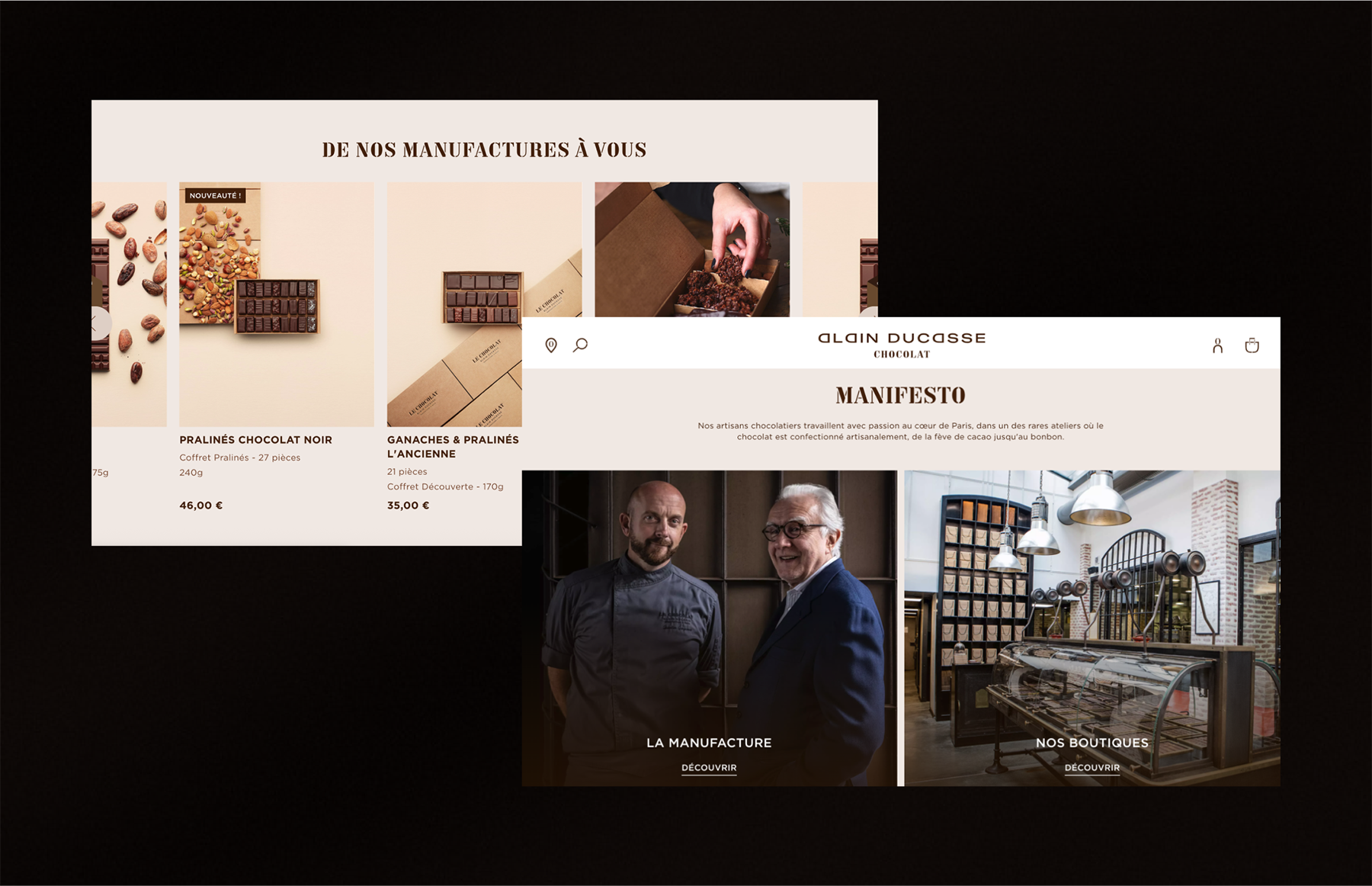 Design du site Alain Ducasse Le Chocolat, Manufacture Chocolat - Lila Montecot, Directrice artistique digitale et UX/UI designer sur Paris en France.
